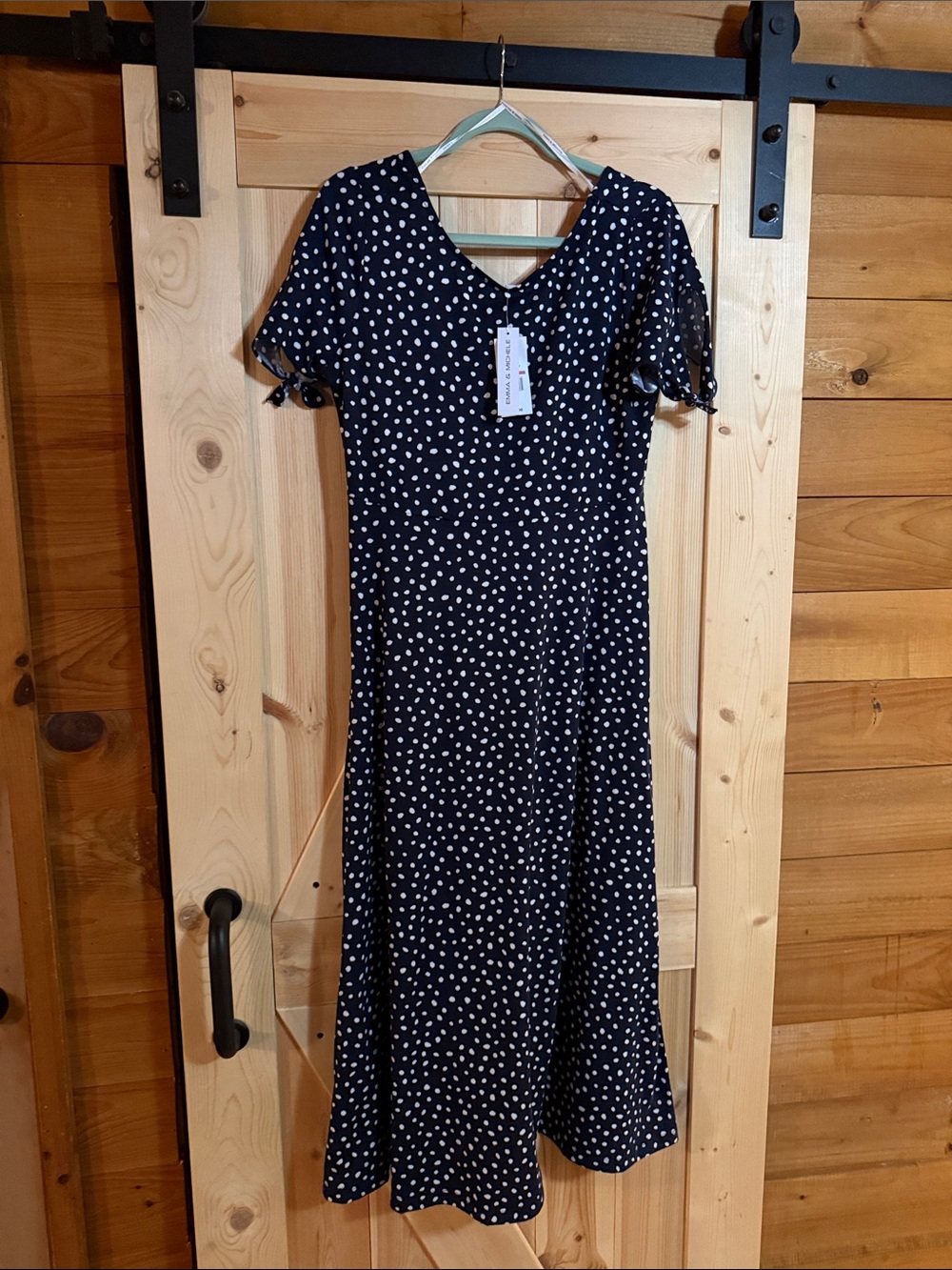 NWT Emma & Michele Navy Polka Dot V-Neck Midi Dress